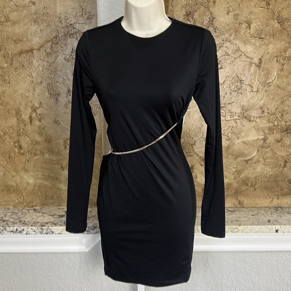 Meshki Bodycon Dress Black Long Sleeve Open Back Chain Mini Womens Small